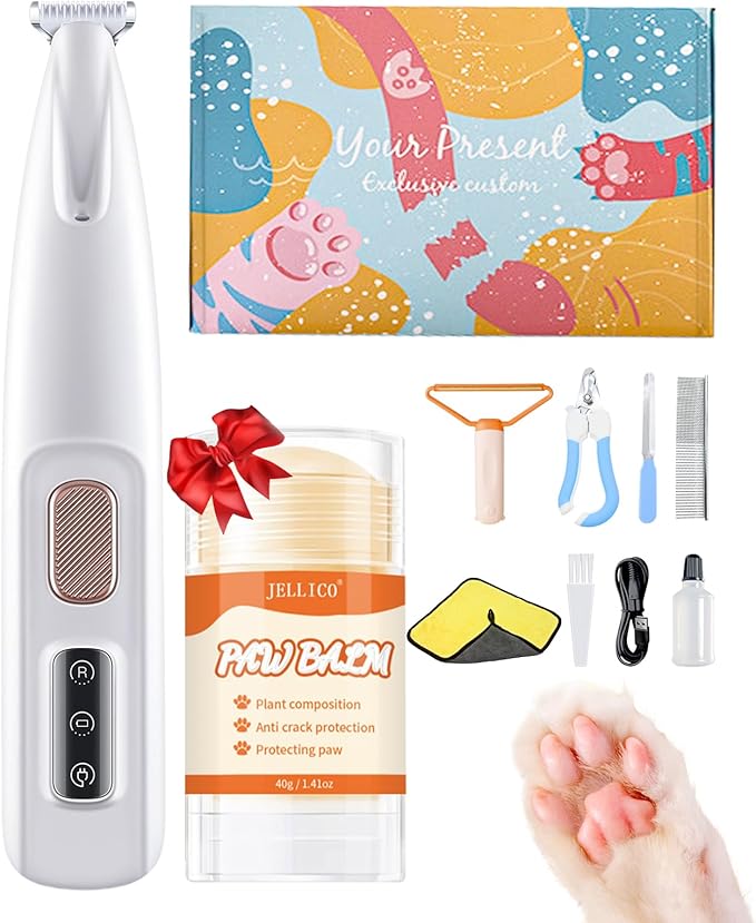 Dog Paw Trimmer with LED, Paw Trimmer for Dogs, Dog Grooming Kit, Dog Hair Trimmer, Dog Clippers with Double Blades, Low Noise, Waterproof, Rechargeable, for Paws, Ears, Face, Rump