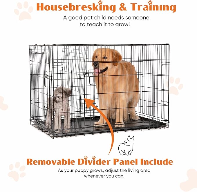 Dog Crates for Medium Dogs, Heavy Duty Dog Cage Indoor W/Divider Panel & Removable Tray, Metal Double Doors Dog Kennel for Indoor Outdoor Travel, Floor Protecting Feet, 24 in Black