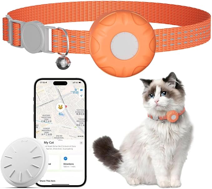 Cat Tracker Collar,No Monthly Fee Tracking Pet Collar with Finder Tag,Compatible with Apple Find My(iOS Only),Breakaway Tractive Design with Reflective Pattern & Bell,Orange