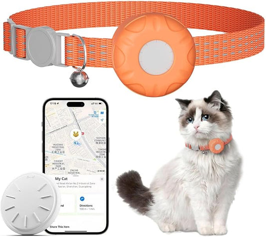 Cat Tracker Collar,No Monthly Fee Tracking Pet Collar with Finder Tag,Compatible with Apple Find My(iOS Only),Breakaway Tractive Design with Reflective Pattern & Bell,Orange
