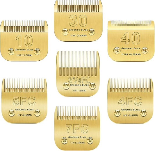 Audoc 7Pack 10 Blades Dog Grooming Blades Compatible with Andis/Oster A5/Wahl KM-10 Series Dog Clippers Replacement Blades,Detachable Dog Clipper Blades,Gold (7PCS #10+30+40+3FC+4FC+5FC+7FC)