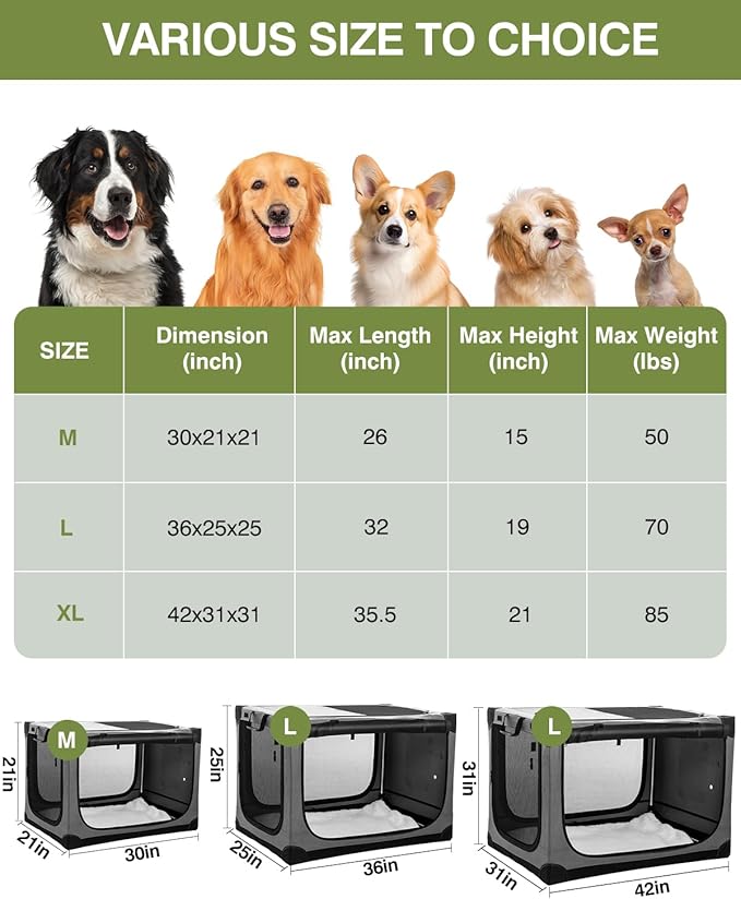 42-Inch Collapsible Travel Dog Crate, Portable 4-Door Soft Kennel for Medium to Large Dogs, Chew-Proof Mesh Windows, Indoor/Outdoor Use, Foldable, with Storage Bag (Grey)