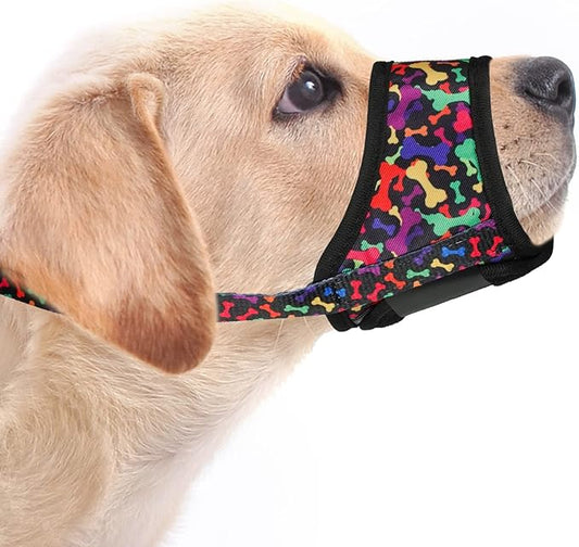 LUCKYPAW Dog Muzzle, Soft Dog Muzzles for Small Medium Large Dogs, Breathable Muzzles to Stop Biting and Chewing with Pattern, Allows Panting and Drinking (L-(Snout 7"-9½"), Black Bone)
