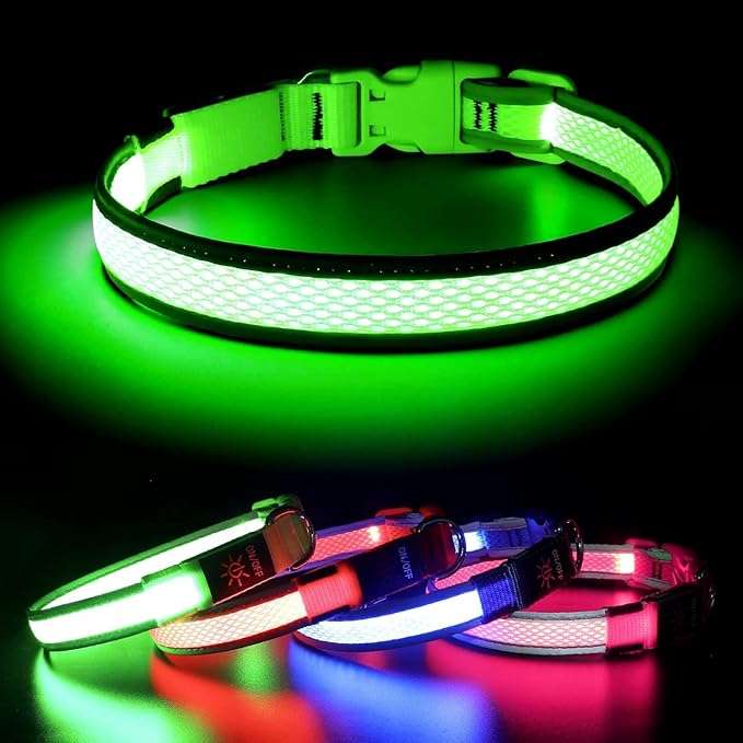 BSEEN Light Up Dog Collar - Rechargeable LED Dog Collar, Reflective Dog Collar, Adjustable Dog Glow Collar, Glowing Dog Lights for Large Dogs (Neon Green, Large)