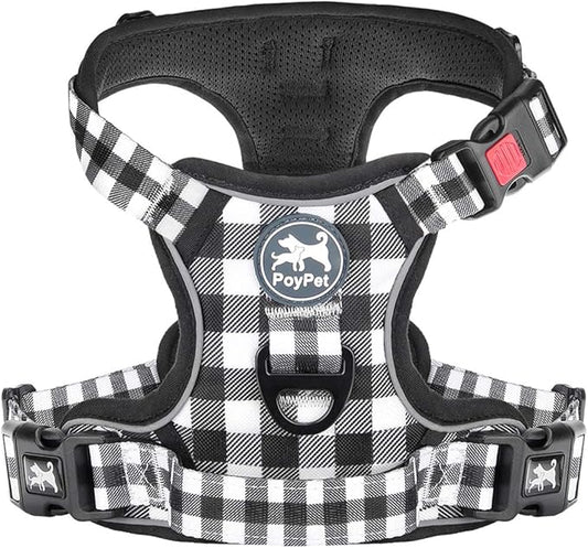 PoyPet No Pull Dog Harness, [Neck Release] Reflective Adjustable No Choke Pet Vest with Front & Back 2 Leash Attachments, Soft Control Training Handle for Small Dogs(Grid,S)