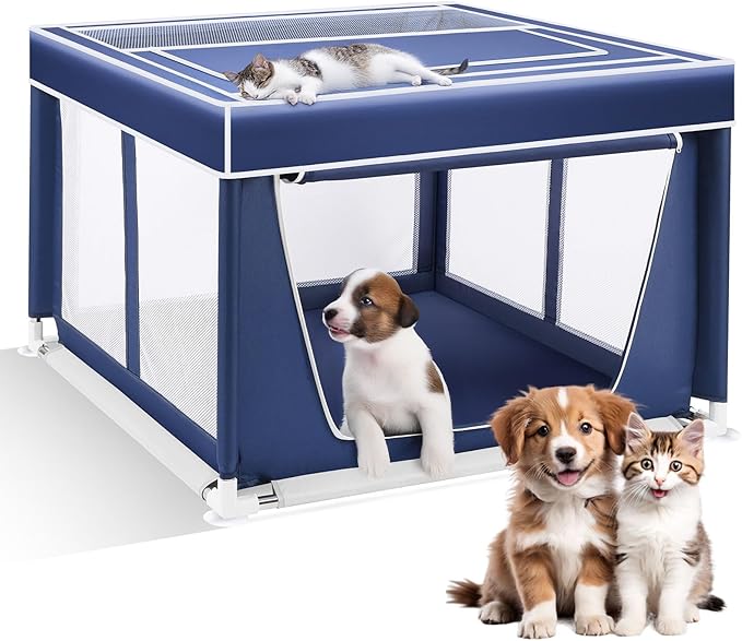Dog Playpen 42 × 42 Inch,Breathable Puppy PlayPen with Gate and Removable Cover,Thickened Oxford Fabric Dog Play Pen for Indoor & Outdoor,Safe and Sturdy Pet Fence(Blue White)