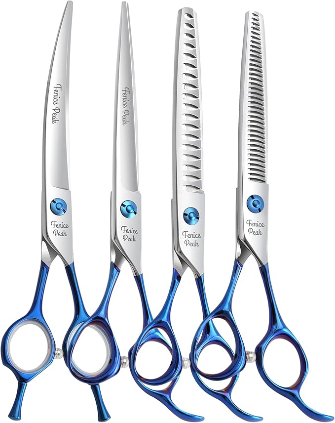 Fenice Peak 4PCS Dog Grooming Scissors Set Ergonomically Designed Blue Handles Ideal Dog Shears for Precise Trimming Easy Use with Comb.