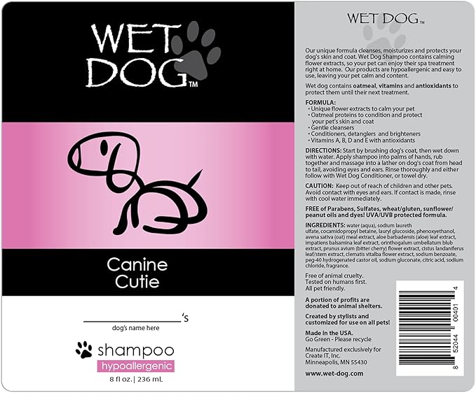 Wet Dog Canine Cutie All-Natural Organic Oatmeal Sensitive Skin Shampoo for Female Dogs, Moisturizing Detangling Deshedding Hypoallergenic for Itchy Skin