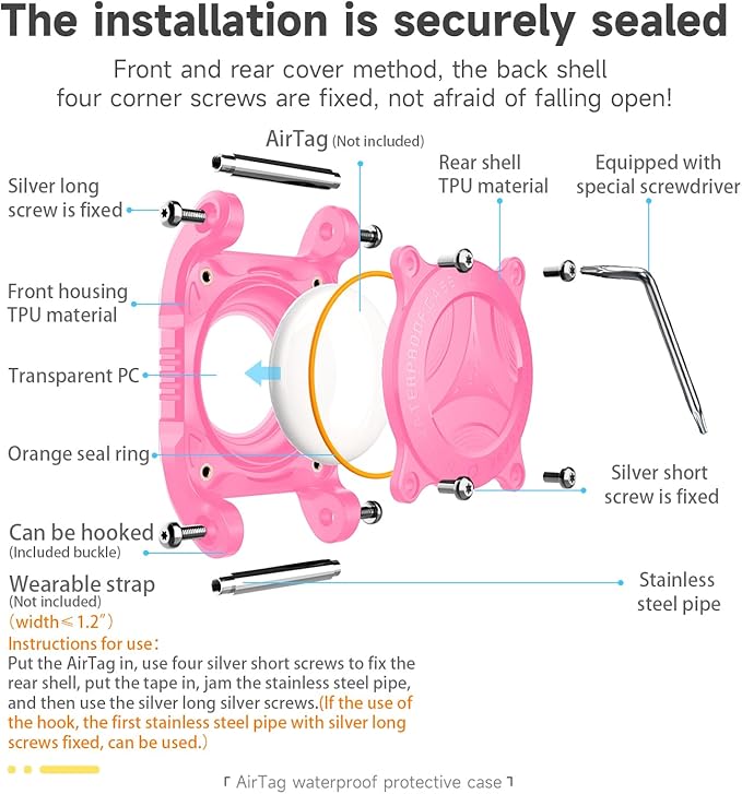 IP68 Waterproof Airtag Case for Dog Collar [2 Pack] Airtag Dog Collar Holder Hard TPU Full Protection Airtag Holder with Removable Handle Cat Dog GPS Tracker Anti Loss air tag Cover（Pink）