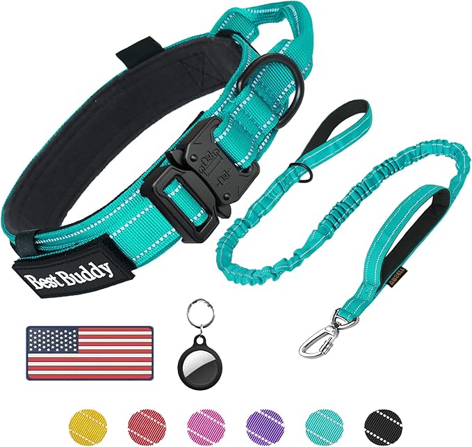 AUBELL Tactical Dog Collar and Leash Set, Adjustable Military Nylon Reflective Dog Leash and Collar with Handle and Heavy Metal Buckle for Medium Large Dogs, with Airtag Case and 2 Patches (Teal,XL)