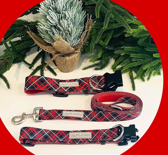 Lucky Love Dog, Beautiful Evergreen Dog Collar, Vivid Berry Plaid Dog Collar for Boy and Girl Dogs - (Large, Heywood Collar)
