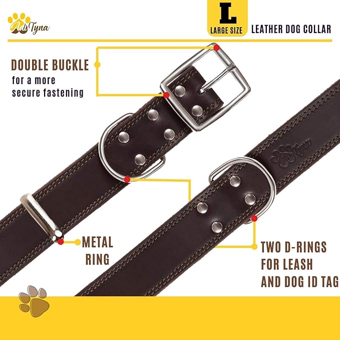 ADITYNA Heavy Duty Leather Dog Collar for Large Dogs - Soft and Strong Leather Dog Collar for Walking, Training, Hiking, Hunting, and Running (Large: Fit 17" - 23" Neck, Brown)