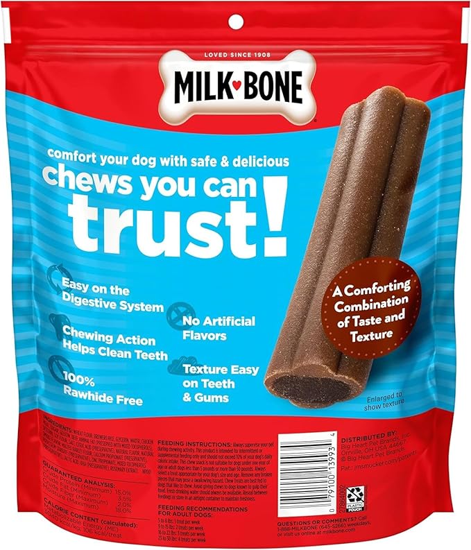 Milk-Bone Mini Comfort Chews, Rawhide Free Dog Treats with Unique Chewy Texture and Real Beef, 18 Mini Chews (Pack of 4)