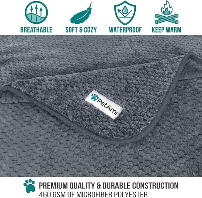 PetAmi Waterproof Dog Blanket, Leakproof XL Pet Blanket for Large Dogs, Furniture Sofa Couch Cover Protector, Fleece Cat Throw for Bed Crate Kennel, Reversible Washable Soft Plush, Twin 60x80 Gray