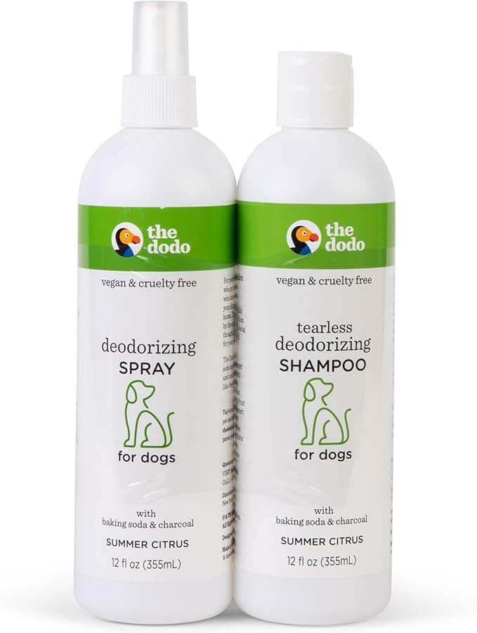 The Dodo Deodorizing Shampoo & Spray Twin Pack for Dogs; 12oz Deodorizing Dog Shampoo + 12oz Deodorizing Dog Spray with Charcoal; Vegan, Cruelty-Free, No DEA, MEA, SLS or Parabens