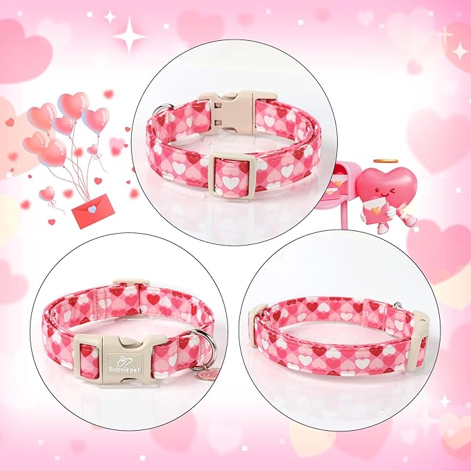 Valentine's Day Dog Collar - Cute Pink Valentines Dog Collar Girl Boy Durable Adjustable Love Heart Pattern Charm Dog Collars for Small Medium Large Dogs S