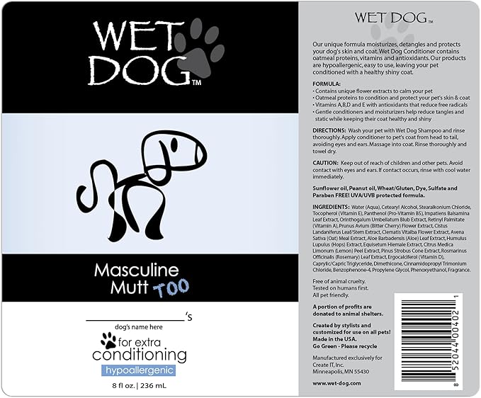 Wet Dog Masculine Mutt All-Natural Organic Oatmeal Sensitive Skin Conditioner for Dogs and Pets, Moisturizing Detangling Deshedding - 8 Ounce