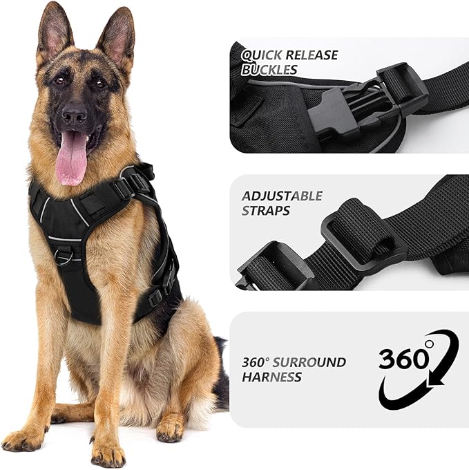 WINGOIN Black Tactical Dog Harness for Medium Small Dogs No Pull Adjustable Reflective Military Pet Harness with Easy Control Handle with Hook & Loop Panels for Walking Hiking Training