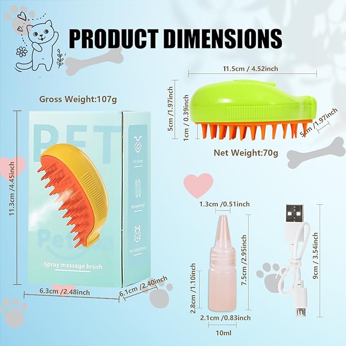 Cat Steam Brush with Water Steamy Pet Brush Spray Misty Cat Brush for Deshedding with Charging Cable Silicone ALD-001-G (Banana Green)