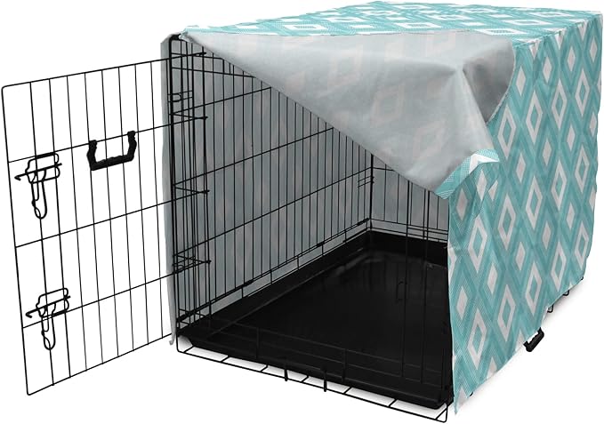 Lunarable Geometric Dog Crate Cover, Nested Diagonal Squares with Tiny Polka Dots Symmetric Repetition, Easy to Use Pet Kennel Cover for Small Dogs Puppies Kittens, 22 Inch, White and Pale Teal