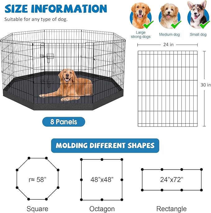 Pet Playpen Dog Pen Foldable Dog Exercise Fence 8 Panels 30 Inch Kennels Pet Playpen Options Ideal for Pet Medium Animals Outdoor Indoor (Playpen with Bottom Pad)