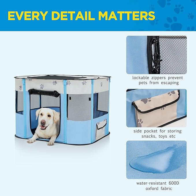Avont Portable Dog Cat Playpen, Foldable Pop Up Pet Play Pen Travel Crate with Floor and Mesh Door Top for Indoor Outdoor Collapsible Tent Cage -M, Blue