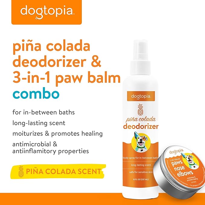 3-in-1 Paw Balm & Deodorizer Spray - Between Baths Bundle for Pets | Moisturizing Balm for Cracked Skin (2oz) & Long-Lasting Piña Colada Odor Eliminator (8oz) for Dogs & Cats
