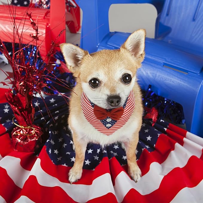 FUAMEY Independence Day Dog Scarfs 4th of July American Flag Dog Tuxedo Triangle Bibs with Bow Tie XS