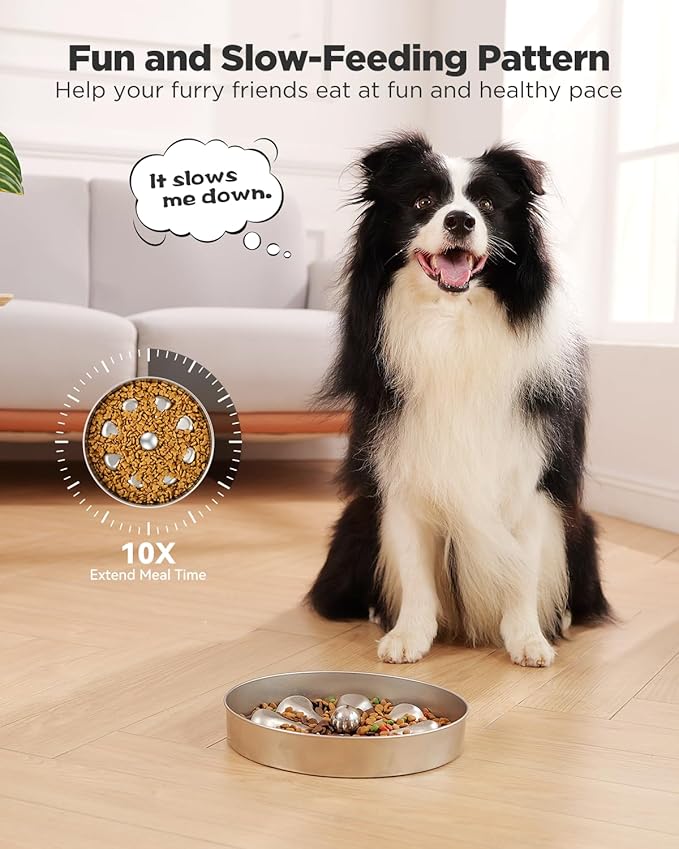 Slow Feeder Dog Bowls - Stainless Steel Non-Slip Metal Slow Feeding Bowl Suitable for Dry, Wet, or Raw Food, 5 Cups Large Capacity, Double-Sided Design Ideal for All Dog Sizes