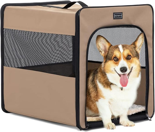 PETSFIT Collapsible Dog Crate, Dog Travel Crate - 24 Inch with Thicken Mat, Easy to Fold, Sturdy and Portable, Perfect for Traveling, Soft Sided Dog Crate Khaki