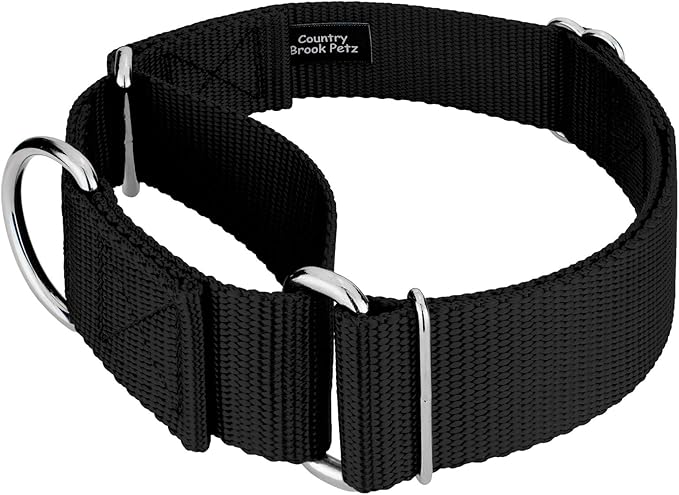 Country Brook Petz 1 1/2 Inch Martingale Heavy Duty Nylon Adjustable Dog Collar for Small, Medium, Large Breeds - Vibrant 17 Color Selection (Black, Medium)