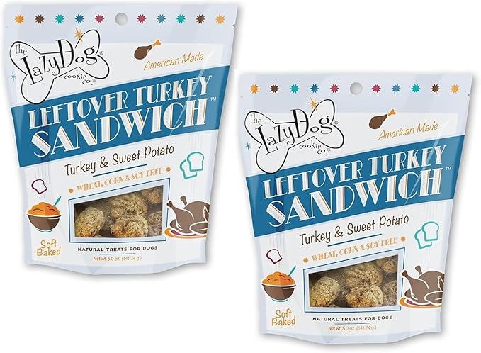 The Lazy Dog Cookie Co. Leftover Turkey Sandwich, Turkey & Sweet Potato Soft-Baked Natural Dog Treats - Wheat-Free & Soy Free - Limited Edition - Made in The USA - 5 oz