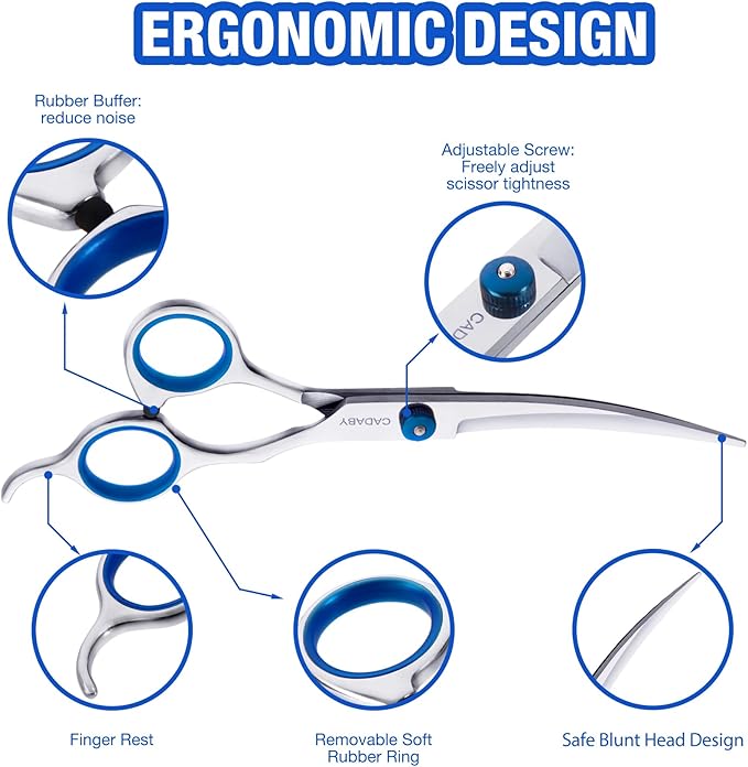 Dog Grooming Scissors,3 in 1 Dog Scissors with Safety Tips, Professional Stainless Steel Thinning Shears, Curved Pet Grooming Scissors Kit