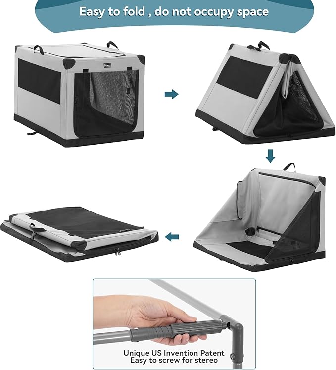 PETSFIT Travel Dog Crate, with Patented Adjustable Fabric Cover, Chewproof & Lockable Mesh Doors, Waterproof Base Soft Sided Kennel Grey 40 Inch