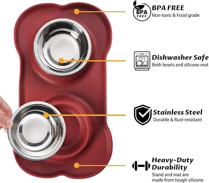 Hubulk Pet Dog Bowls 2 Stainless Steel Dog Bowl with No Spill Non-Skid Silicone Mat + Pet Food Scoop Water and Food Feeder Bowls for Feeding Small Medium Large Dogs Cats Puppies (Burgundy, Small)