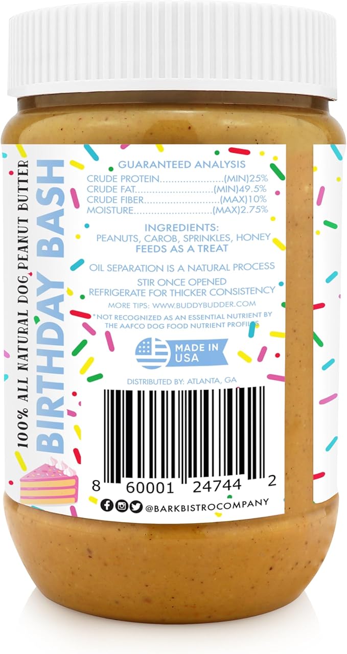 BUDDY BUDDER Bark Bistro Company Birthday Bash, 100% Natural Dog Peanut Butter, Healthy Peanut Butter Dog Treats, Dog Birthday, Dog Pill Pocket, Made in USA (17oz Jars)