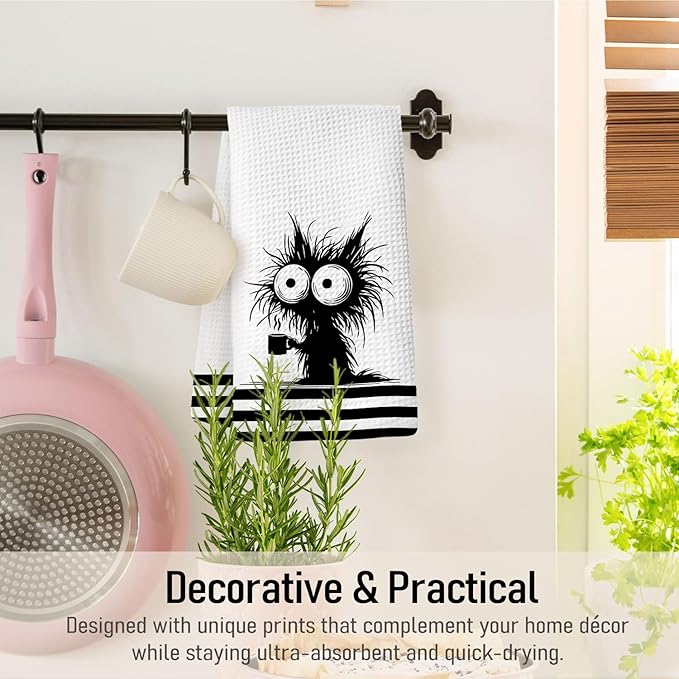 Funny Coffee Black Cat Kitchen Towels, Cat Lover Mom Lady Gifts for Women Dish Towels for Kitchen Drying, Quirky Kitten Kitty Hand Towels for Bathroom, 16x24 Inch