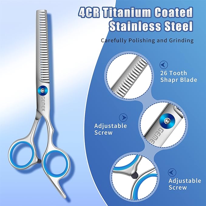 GEMEK Professional Grooming Scissors for Dogs with Safety Round Tips, Dog Grooming Scissors Set - Thinning, Straight, Curved Shears and Comb for Long Short Hair for Dog Cat Pet (Blue-5 in 1)