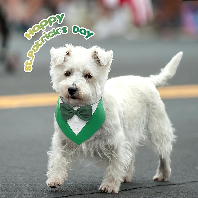 FUAMEY St.Patrick's Day Dog Tuxedo,Pet Green Collar Puppy Costume Adjustable Dog Bandana Cosplay Party Doggie Bibs,Irish Lucky Dress-Up Dog Bow Tie Green and White XL