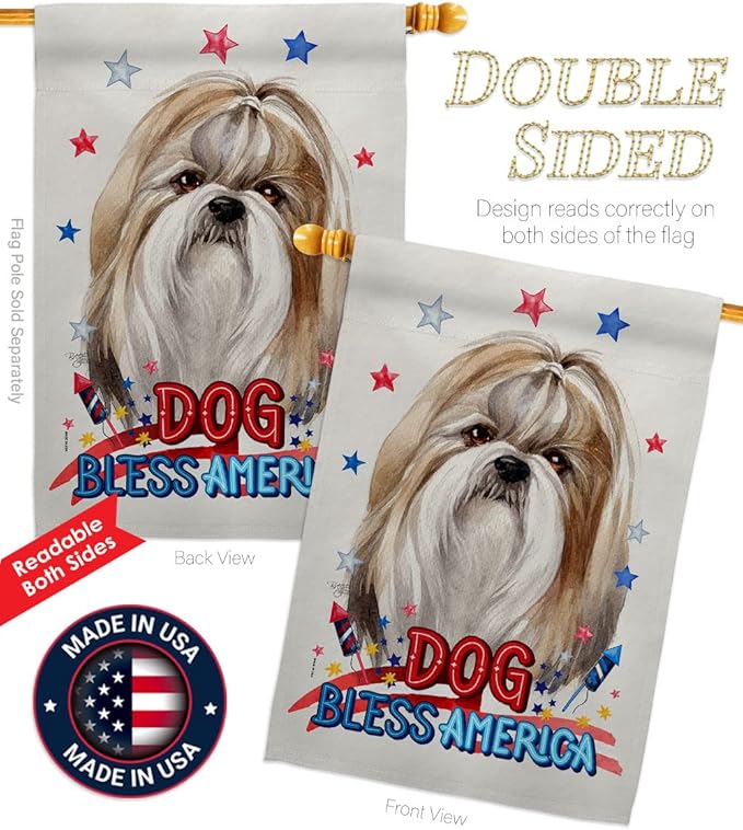 Breeze Decor Patriotic Shih Tzu House Flag Eagle Set Dog Puppy Spoiled Paw Canine Fur Pet Nature Farm Animal Creature Decoration Banner Small Garden Yard Gift Double-Sided, Made in USA