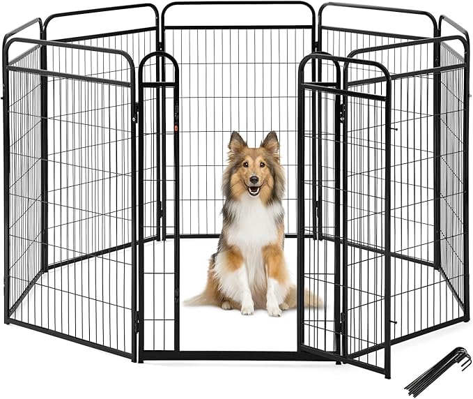 Dog Play Pen Indoors - 8 Panels 40" Playpens Indoor Safety Design Without Stakes, Threshold Free Door Ease to Access, Portable Fence Ground Anchors for Outdoor, Yard and RV Camping