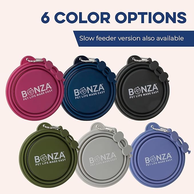Bonza by Leash Boss Small Collapsible Dog Bowl Twin Pack, Sturdy Reinforced Rim, Includes Carabiner & Water Bottle Holder Keychain, Black