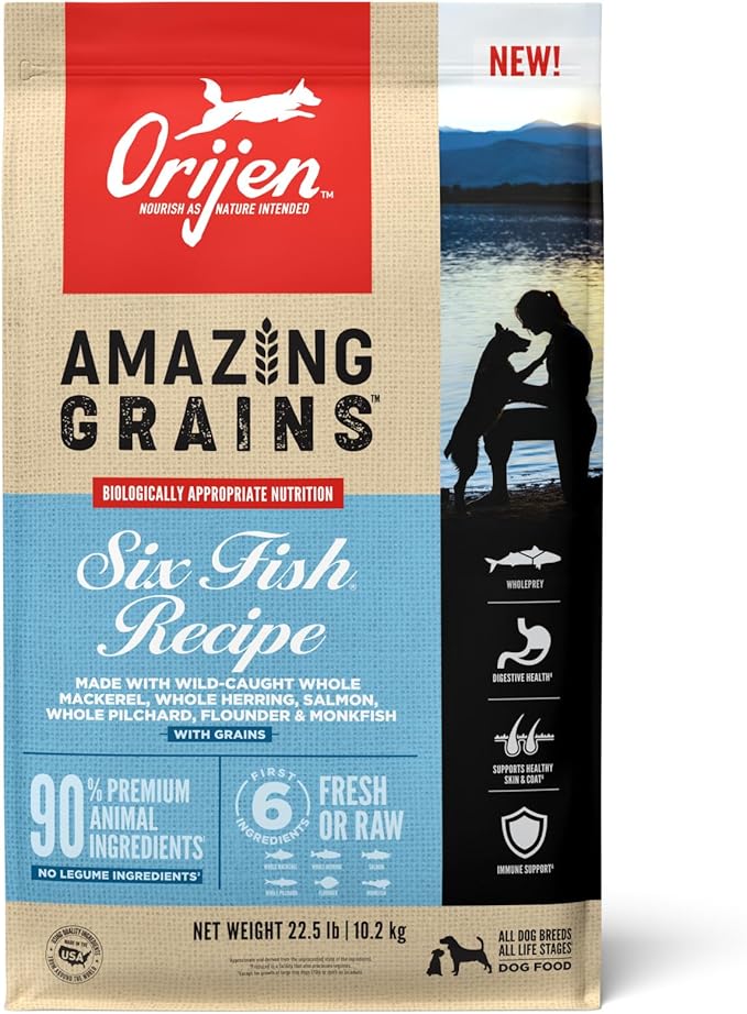 ORIJEN Amazing Grains Six Fish Recipe Dry Dog Food, High Protein Dog Food, Fresh or Raw Ingredients, 22.5lb