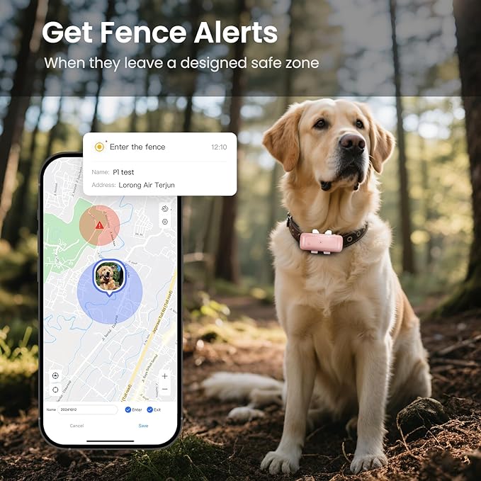 TSK Cat Dog GPS Tracker Smart Waterproof Tracker with Real-Time Location Escape Alerts Activity Monitor for Dogs Cats 6.5lbs+ Pink