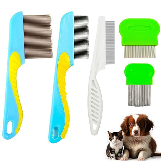 5pcs Flea Comb,Dematting Comb for Dog and Cat,Stainless Steel Teeth Head Nit Comb for Small,Medium&Large Pets,Lice Combs,Tick Comb for Dogs,Dog Combs for Grooming(A-blue green white)