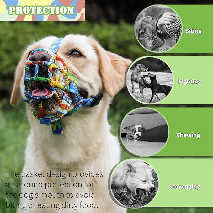 BARKLESS Dog Muzzle, Silicone Basket Muzzle for Small Medium Large Dogs, Soft Cage Muzzle Prevent Biting Chewing, Allow Drinking Panting, Suitable for German Shepherd Graffiti