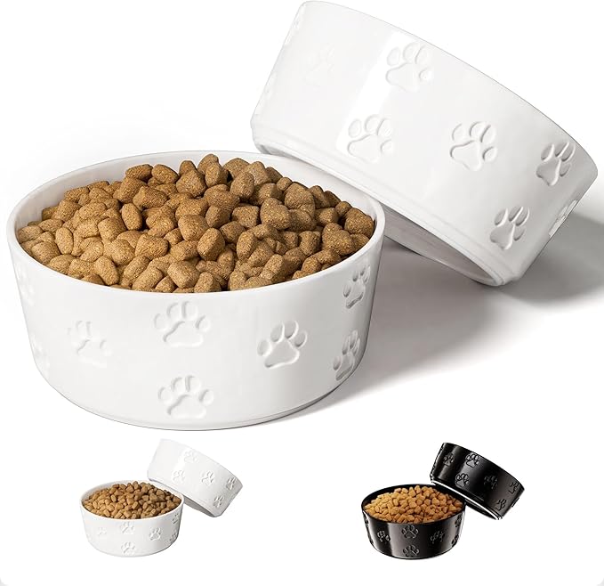 Ceramic Dog Bowl Set of 2 with Anti-Skid Base - 7.5" Wide x 3" Tall Ceramic Dog Bowls for Large Dogs - 5 Cup Capacity Food and Water Bowls for Dogs - Rubber Bottom Pet Bowl Set of 2 for Large Pets