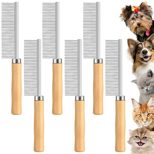 6 Pcs Grooming Comb bulk for Dogs Cats with Wooden Handle Pet Grooming Comb Smooth Teeth Tips Stainless Steel Detangling Matted Hair