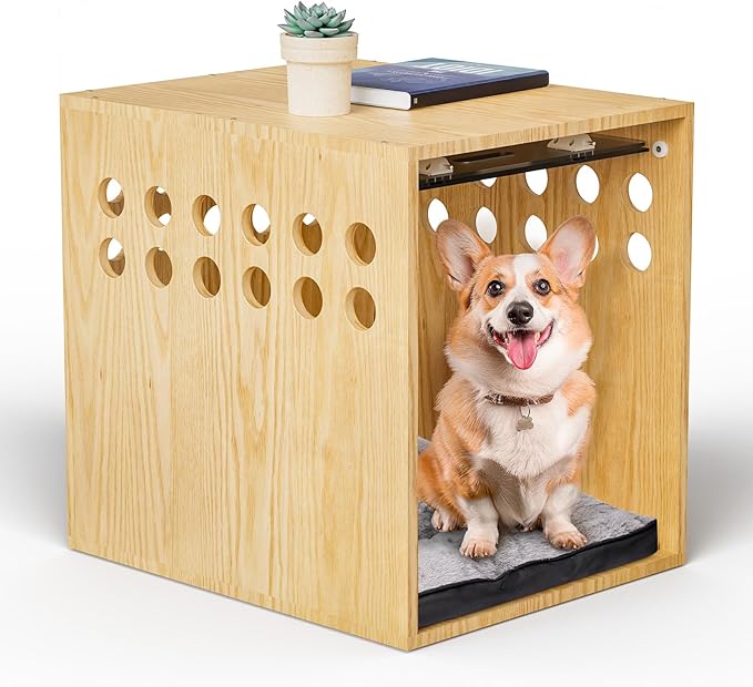 Dog Crate Furniture, SAUCE ZHAN Dog Kennel with Cushion for Small/Medium Dogs, End Side Table Wooden Crate for Pets Indoor, Wood Color