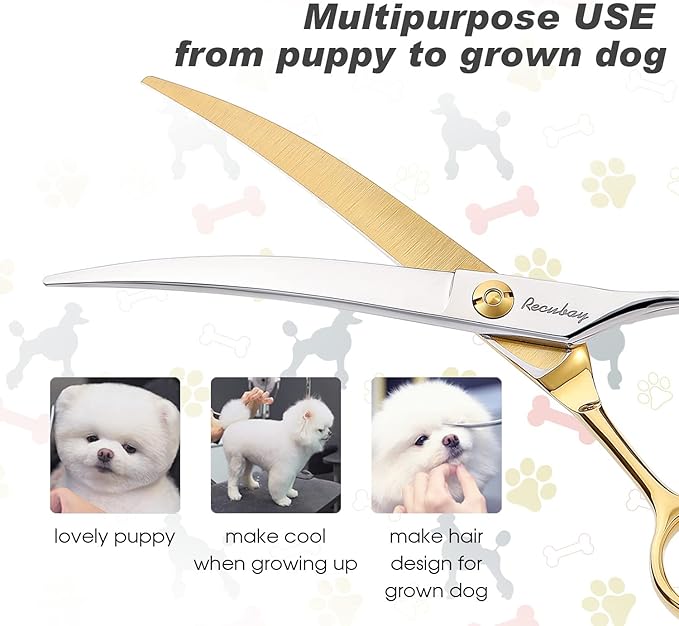 Dog Cat Scissors for Grooming, Pet Shears for Thick Coats and Matted Hair, Thinner Curved Straight Chunker Stainless Steel Shears
